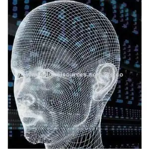 Futuristic digital human head with digital grid and binary code background, representing advanced CCTV and communication technology solutions.