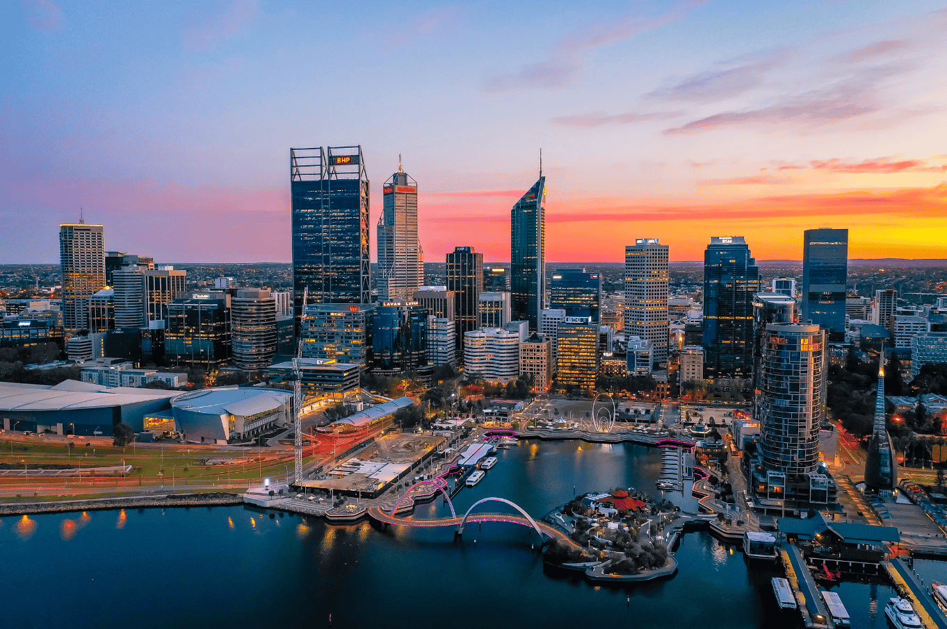 Perth Australia City Skyline with Elizibath Quay in foreground
