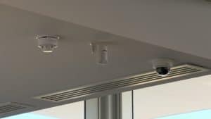 CCTV security cameras installed on a ceiling, showcasing surveillance technology for enhanced property security and communication. Perfect for business or home security systems.