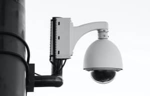 CCTV security camera installed outdoors for surveillance and security monitoring in commercial and residential areas.