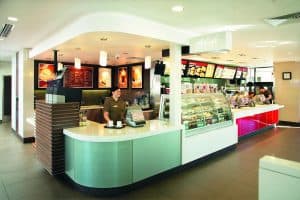 CCTV security systems installed in a mcdonalds fast-food restaurant, ensuring safety and monitoring customer activity.
