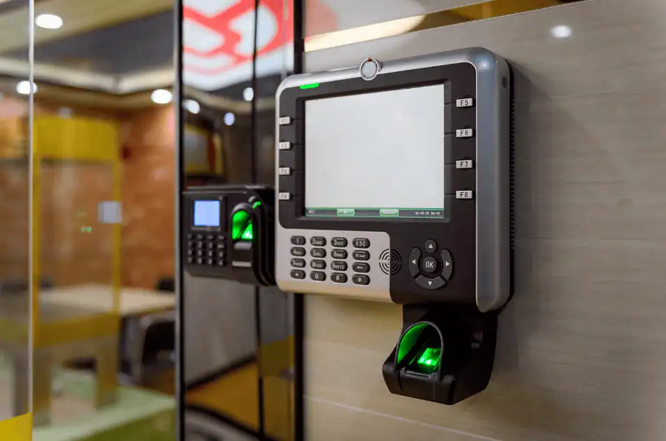 Access control and CCTV security system with biometric scanner and surveillance camera on office wall.